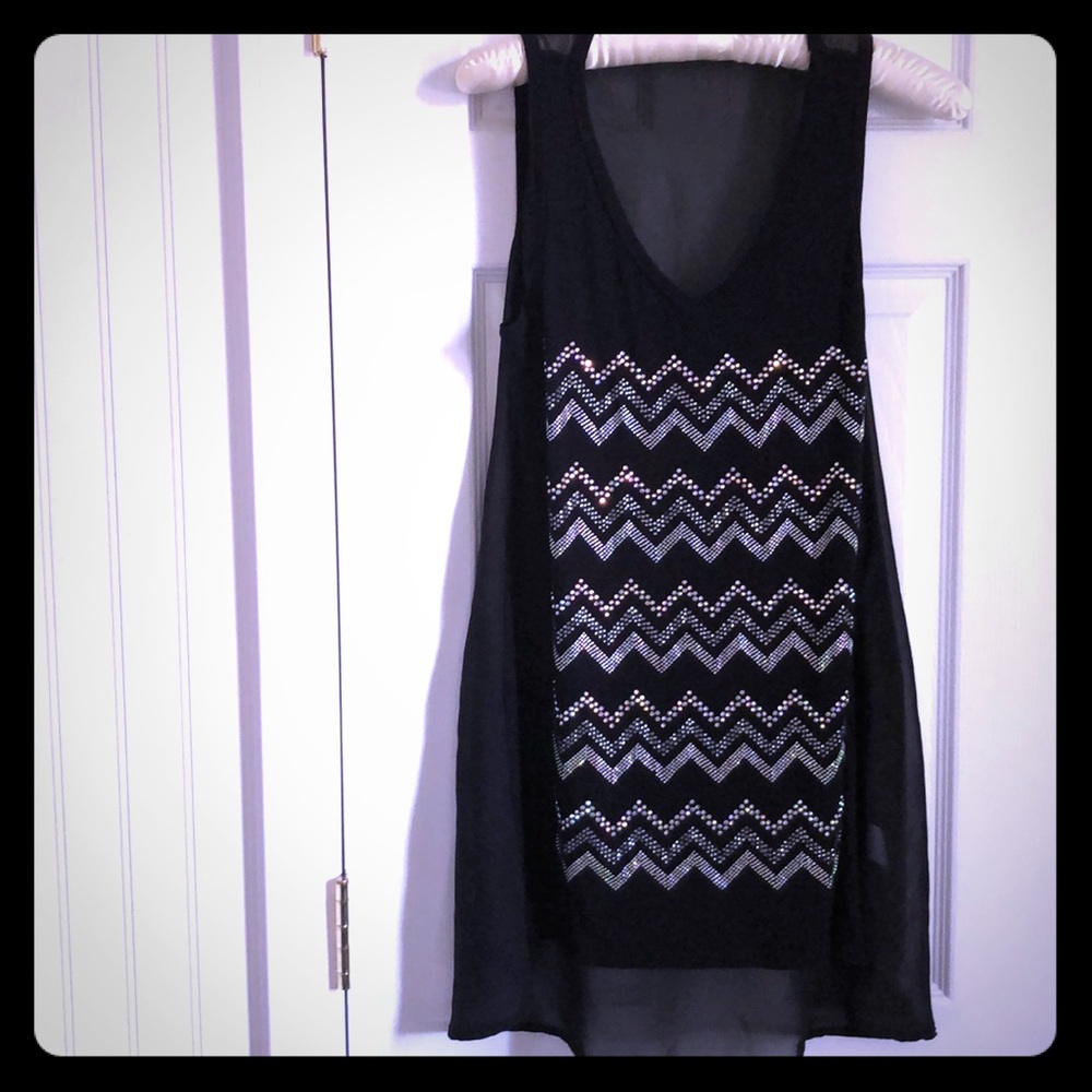 Black Sheer Rhinestone Tank Bedazzled‎ Zigzag Sparkle Top S